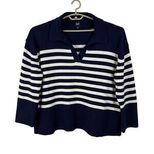 GAP 24/7 Split-Hem Polo Sweater Navy Blue White Stripes XL Cotton 875129